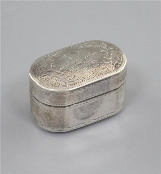 A George III bright cut engraved silver oval nutmeg grater, with hinged steel rasp, by Joseph Wilmore, 37mm.